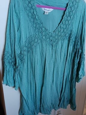 Tantrums Teal Crochet V-Neck Boho Tunic XXL